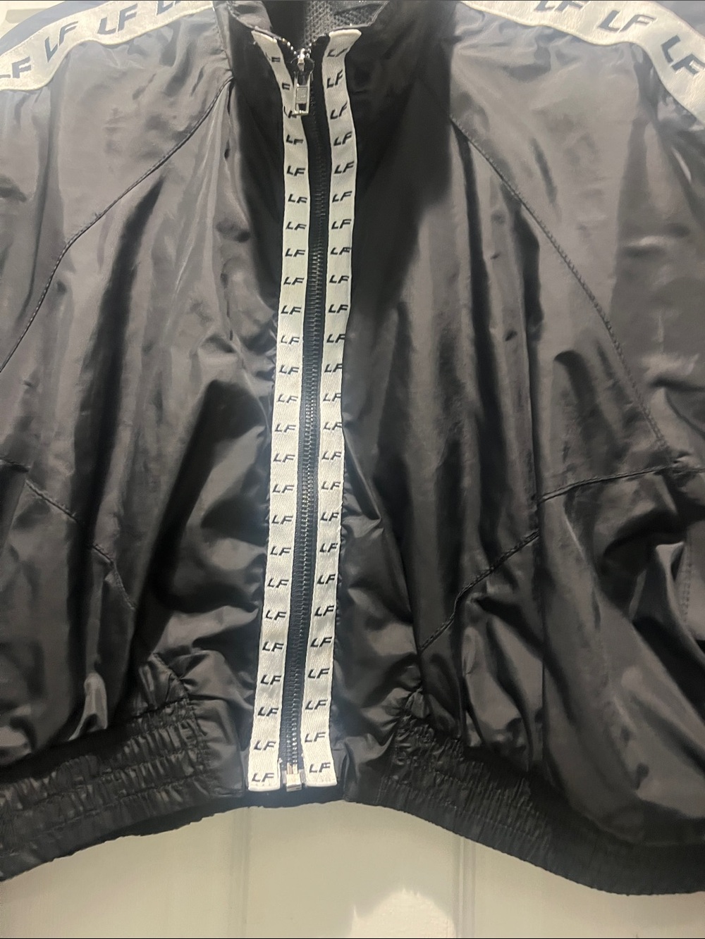 LF Black Cropped Bomber Jacket with White Logo Trim - Picture 3 of 10